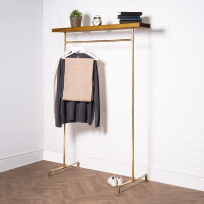 Free-Standing-Clothing-Rail-with-Wooden-Shelf-Solid-Brass-Pipe-Style-2