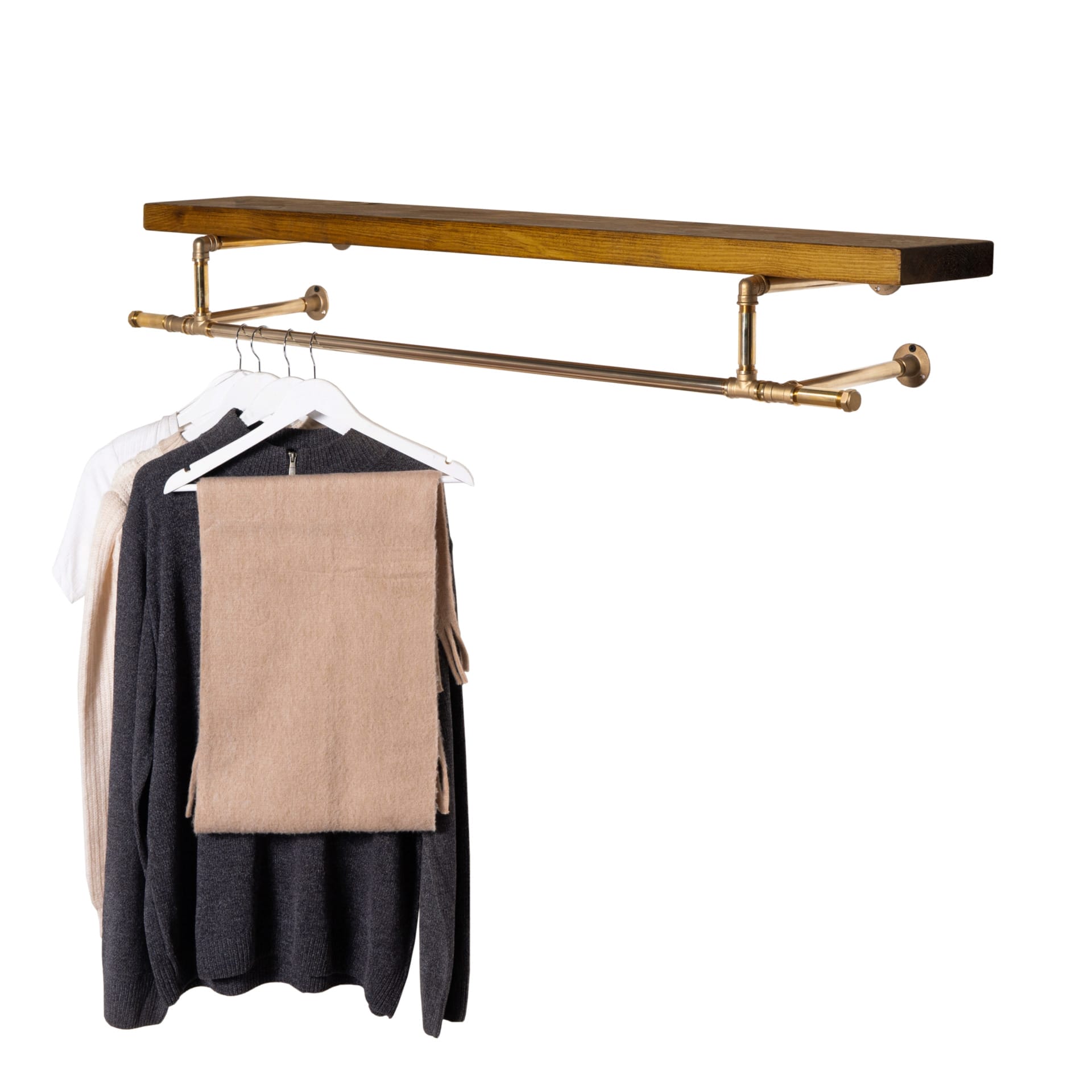 Double Hanging Clothes Rail with Deep Solid Wood Shelf | Solid Brass ...