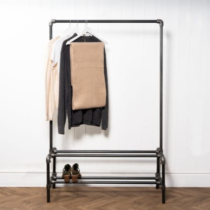 Two-Tiered-Shoe-Rack-with-Clothes-Rail-Industrial-Raw-Steel-Key-Clamp-Pipe-Style-2