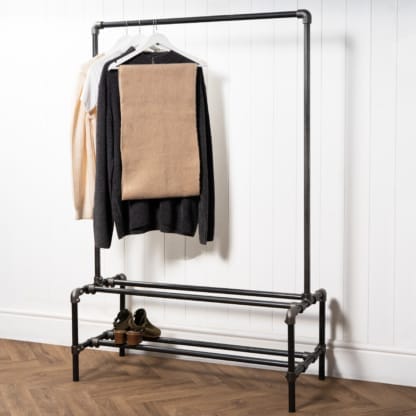 Two-Tiered-Shoe-Rack-with-Clothes-Rail-Industrial-Raw-Steel-Key-Clamp-Pipe-Style-3