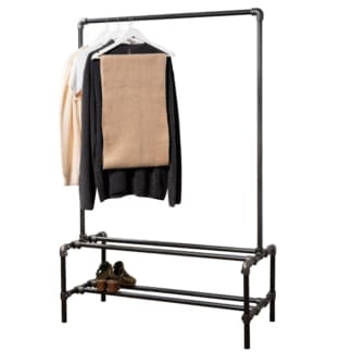 Two-Tiered-Shoe-Rack-with-Clothes-Rail-Industrial-Raw-Steel-Key-Clamp-Pipe-Style
