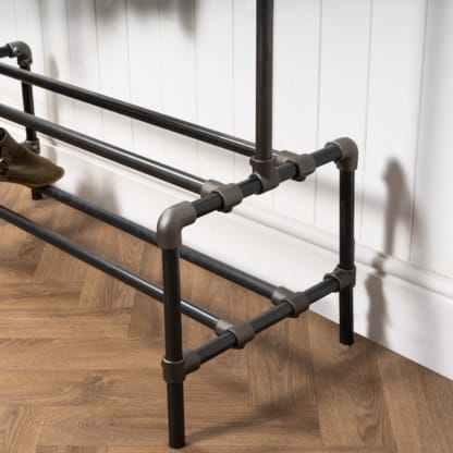 Two-Tiered-Shoe-Rack-with-Clothes-Rail-Industrial-Raw-Steel-Key-Clamp-Pipe-Style-4