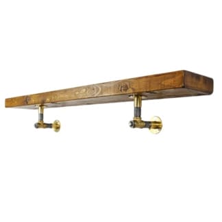Reclaimed-Scaffold-Board-Shelves-with-Brass-Fittings-and-Raw-Steel-Pipe-Tee-Nut-Brackets-Reclaimed-Timber-Style