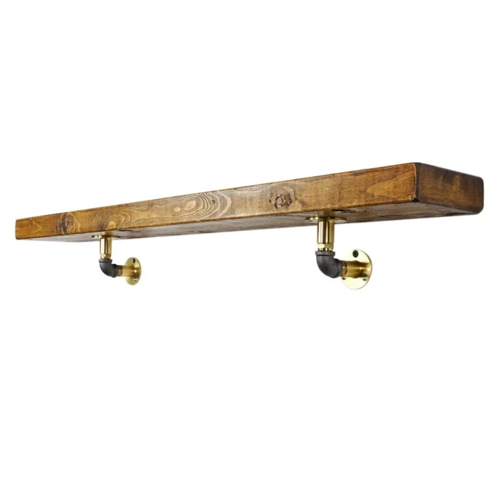 Reclaimed Scaffold Board Shelves with Brass and Raw Steel Elbow Brackets Reclaimed Timber