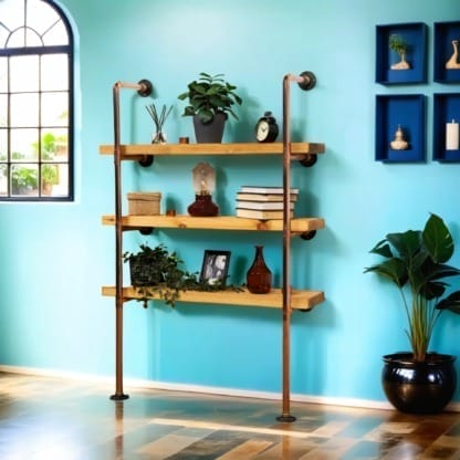 Floor-Mounted-Shelving-Unit-With-Reclaimed-Wooden Shelves-ThickCopper-Pipe-Style-18
