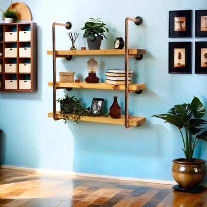 Wall-Mounted-Shelving-Unit-With-Reclaimed-Wooden-Shelves-Thick-Copper-Pipe-Style-7
