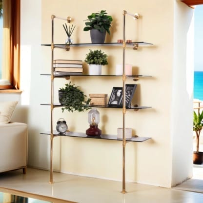Floor-Mounted-Shelving-Unit-Industrial-Brass-Pipe-with-Tinted-Glass-Shelving-4