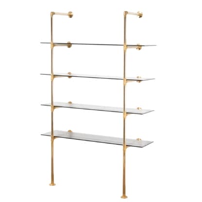 Floor-Mounted-Shelving-Unit-Industrial-Brass-Pipe-with-Tinted-Glass-Shelving