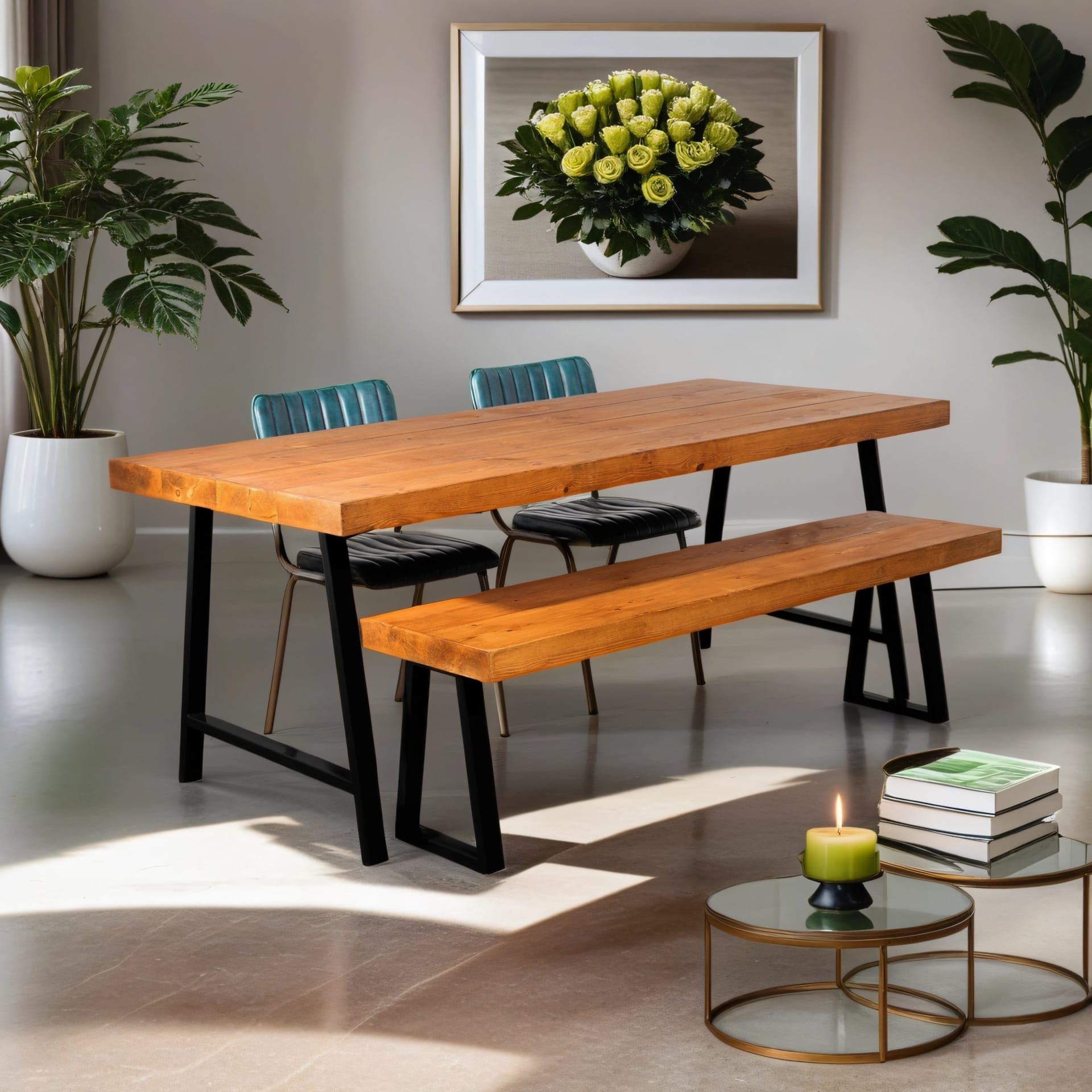 Chunky dining table and bench deals set