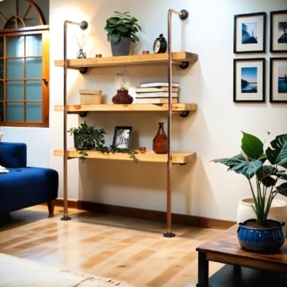 Floor-Mounted-Shelving-Unit-With-Reclaimed-Wooden-Shelves-Copper-Pipe-Style-10