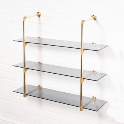 Wall-Mounted-Shelving-Unit -Industrial-Brass-Pipe-with-Tinted-Glass-Shelving