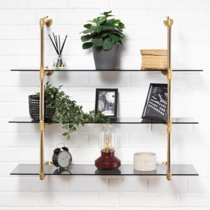Wall-Mounted-Shelving-Unit -Industrial-Brass-Pipe-with-Tinted-Glass-Shelving-2