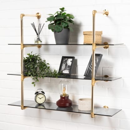 Wall-Mounted-Shelving-Unit -Industrial-Brass-Pipe-with-Tinted-Glass-Shelving-3
