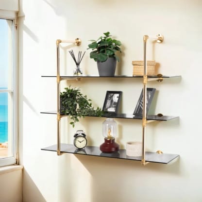 Wall-Mounted-Shelving-Unit -Industrial-Brass-Pipe-with-Tinted-Glass-Shelving-4