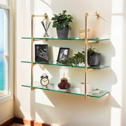 Wall-Mounted-Shelving-Unit-Industrial -Brass-Pipe-with-Glass-Shelving-2