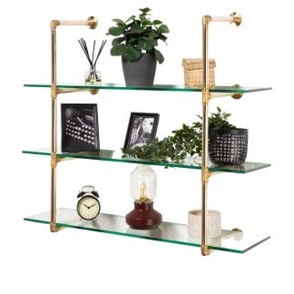Wall-Mounted-Shelving-Unit-Industrial -Brass-Pipe-with-Glass-Shelving