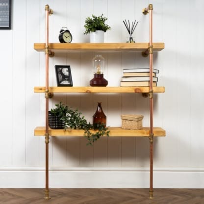Floor-Mounted-Shelving-Unit-With-Reclaimed-Wooden-Shelves-Copper-Pipe-and-Brass-Style-5