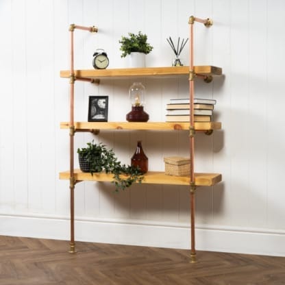 Floor-Mounted-Shelving-Unit-With-Reclaimed-Wooden-Shelves-Copper-Pipe-and-Brass-Style-4