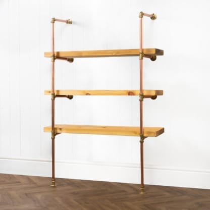 Floor-Mounted-Shelving-Unit-With-Reclaimed-Wooden-Shelves-Copper-Pipe-and-Brass-Style-2