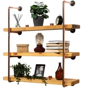 Wall-Mounted-Shelving-Unit-With-Reclaimed-Wooden-Shelves-Copper-Pipe-Style