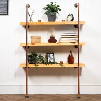Floor-Mounted-Shelving-Unit-With-Reclaimed-Wooden-Shelves-Copper-Pipe-Style-2