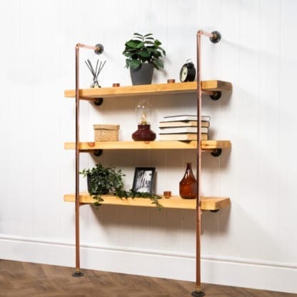 Floor-Mounted-Shelving-Unit-With-Reclaimed-Wooden-Shelves-Copper-Pipe-Style
