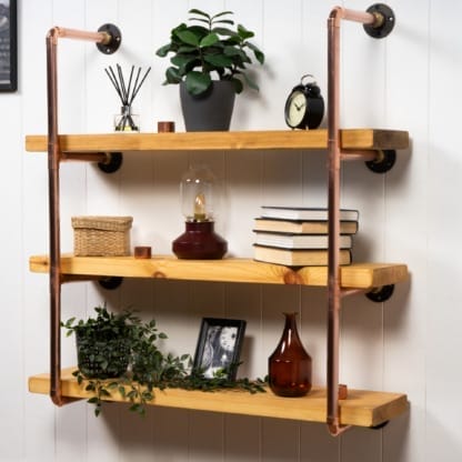 Wall-Mounted-Shelving-Unit-With-Reclaimed-Wooden-Shelves-Thick-Copper-Pipe-Style-2