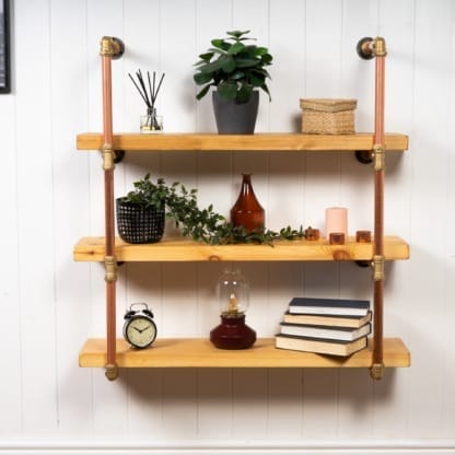 Wall-Mounted-Shelving-Unit-With-Reclaimed-Wooden-Shelves-Thick-Copper-Pipe-and-Brass-Style-3