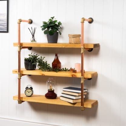 Wall-Mounted-Shelving-Unit-With-Reclaimed-Wooden-Shelves-Thick-Copper-Pipe-and-Brass-Style-2