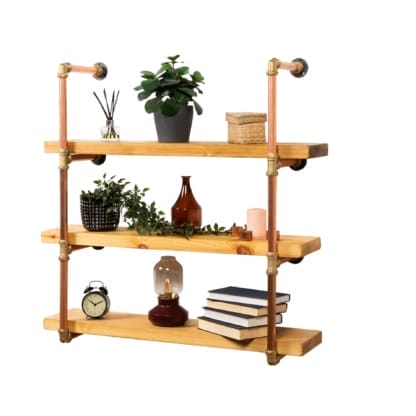 Wall-Mounted-Shelving-Unit-With-Reclaimed-Wooden-Shelves-Thick-Copper-Pipe-and-Brass-Style