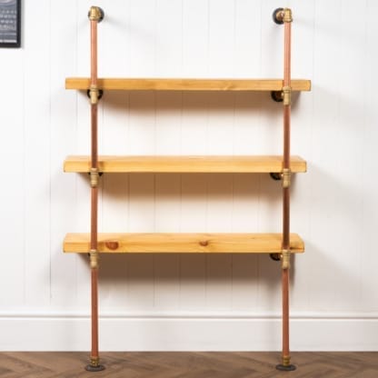 Floor-Mounted-Shelving-Unit-With-Reclaimed-Wooden-Shelves-Thick-Copper-Pipe-and-Brass-Style