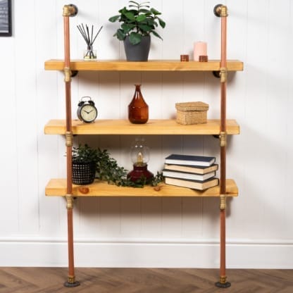 Floor-Mounted-Shelving-Unit-With-Reclaimed-Wooden-Shelves-Thick-Copper-Pipe-and-Brass-Style-8