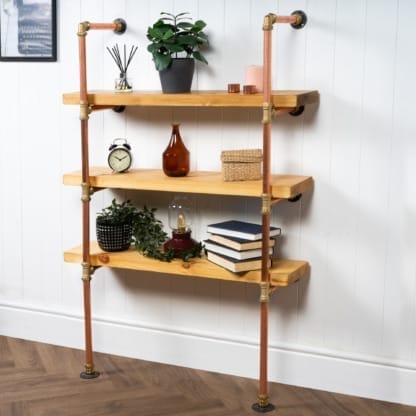 Floor-Mounted-Shelving-Unit-With-Reclaimed-Wooden-Shelves-Thick-Copper-Pipe-and-Brass-Style-8