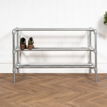 Three-Tiered-Shoe-Rack-Industrial-Silver-Key-Clamp-Pipe-Style-3