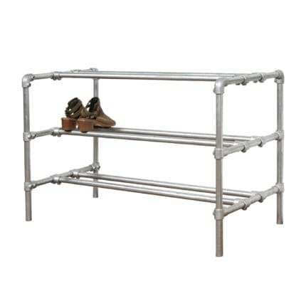 Three-Tiered-Shoe-Rack-Industrial-Silver-Key-Clamp-Pipe-Style