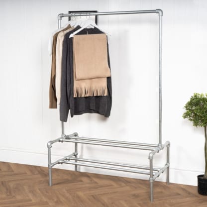 Two-Tiered-Shoe-Rack-with-Clothes-Rail-Industrial-Silver-Key-Clamp-Pipe-Style-2