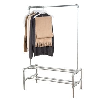 Two-Tiered-Shoe-Rack-with-Clothes-Rail-Industrial-Silver-Key-Clamp-Pipe-Style