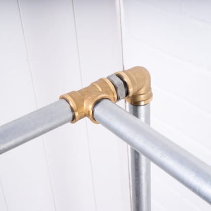 Free-Standing-Corner-Clothes-Rail-Industrial-Silver-and-Brass-Pipe-Style-3