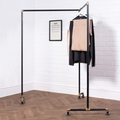 Free-Standing-Corner-Clothes-Rail-Industrial-Raw-Steel-and-Brass-Pipe-Style-3