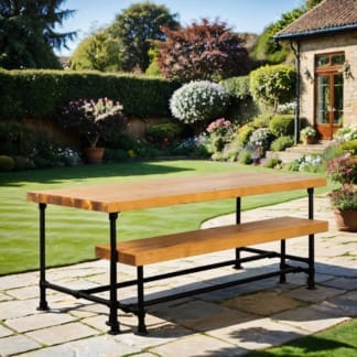 Chunky-Rustic-Garden-Table-with-Pipe-Legs-Powder-Coated-Key-Clamp-and-Reclaimed-Timber-Style